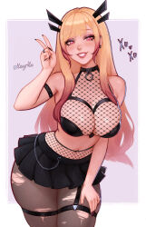 1girl absurdres arm_strap artist_name black_choker black_eyeshadow black_nails black_pantyhose black_skirt blonde_hair blush breast_strap breasts choker cleavage collarbone crop_top ear_piercing earrings eye_contact eyebrows_hidden_by_hair eyeshadow fishnet_pantyhose fishnet_top fishnets hair_ornament hand_on_own_thigh highres jewelry kayav kitagawa_marin large_breasts lips lipstick long_hair looking_at_another makeup miniskirt navel navel_piercing o-ring pantyhose patreon_logo patreon_username piercing pink_eyes pink_hair pink_lips signature skirt smile solo sono_bisque_doll_wa_koi_wo_suru standing teeth thigh_strap torn_clothes torn_pantyhose v very_long_hair white_background
