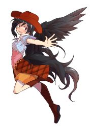 1girl alphes_(style) bandana black_hair black_wings blush boots brown_boots brown_skirt commentary_request cowboy_hat dairi feathered_wings from_side full_body hat highres horse_tail kurokoma_saki large_variant_set legs_up long_hair looking_at_viewer multicolored_shirt open_mouth orange_skirt outstretched_arm overskirt parody ponytail red_eyes red_hat short_sleeves skirt smile solo style_parody tachi-e tail tearing_up touhou transparent_background variant_set very_long_hair white_bandana wings