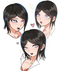 black_hair bra breasts cleavage collarbone danganronpa:_trigger_happy_havoc danganronpa_(series) eyelashes freckles ikusaba_mukuro looking_at_viewer multiple_expressions open_mouth parted_bangs parted_hair purple_eyes red_bra simple_background teeth underwear upper_body upper_teeth_only white_background