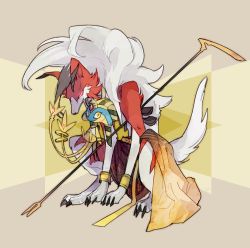 azelf bracelet claws closed_mouth commentary_request creatures_(company) game_freak gen_4_pokemon gen_7_pokemon glowing glowing_eyes highres hunched_over jewelry legendary_pokemon looking_at_viewer lycanroc lycanroc_(midnight) nigiri_(ngr24) nintendo pokemon pokemon_(creature) staff yellow_eyes