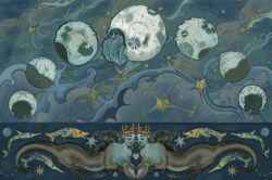 Rule 34 | alt text, animal focus, black hair, blue theme, bubble, clam, cloud, commentary, crown, english commentary, fish, gem, hermit crab, highres, long hair, no humans, original, outdoors, painting (medium), pearl (gemstone), sethpuertoluna, shell, sky, snail shell, sparkle, traditional media, water, watercolor (medium), waves