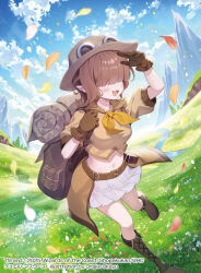1girl 2025 asevi_andromeda_kushinada backpack bag belt boots breasts brown_bag brown_boots brown_gloves brown_hair copyright_notice duel_masters english_text falling_petals full_body gloves goggles goggles_on_headwear hair_over_eyes hat long_bangs medium_breasts miniskirt navel official_art okanoyuno open_mouth petals pointy_ears ribbon skirt solo white_skirt