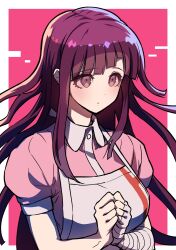 1girl apron bandaged_arm bandages border breasts collared_shirt danganronpa_(series) danganronpa_2:_goodbye_despair highres large_breasts long_hair mole mole_under_eye pink_background pink_shirt puffy_short_sleeves puffy_sleeves purple_hair red_eyes shirt short_sleeves solo tsumiki_mikan two-tone_shirt upper_body white_apron white_border youko-shima
