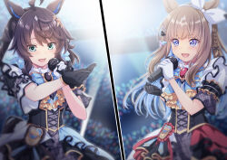 Rule 34 | 2girls, ahoge, almond eye (umamusume), animal ears, blue eyes, blurry, blurry background, blush, braid, brown hair, clenched hand, commentary request, daring tact (umamusume), gloves, hair between eyes, hair ornament, hairband, horse ears, horse girl, microphone, multiple girls, music, open mouth, ribbon, scene reference, shinohara shinome, singing, stage, star (symbol), star hair ornament, twitter username, umamusume