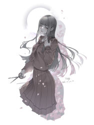 Rule 34 | 1girl, blunt bangs, daidoji kaya, devil summoner: raidou kuzunoha vs the soulless army, devil summoner (series), expressionless, grey eyes, grey hair, highres, holding, holding scissors, long hair, looking at viewer, pleated skirt, ryokuyuu, school uniform, scissors, serafuku, simple background, skirt, solo, very long hair, white background