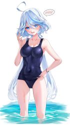 1girl ahoge armpits bare_arms bare_shoulders blue_eyes blue_hair blue_one-piece_swimsuit blush breasts collarbone commentary_request covered_navel cowlick drop-shaped_pupils furina_(genshin_impact) genshin_impact gluteal_fold hair_between_eyes heterochromia highres holding holding_unworn_clothes light_blue_hair long_hair looking_at_viewer matrix16 medium_breasts multicolored_hair old_school_swimsuit one-piece_swimsuit open_mouth ponytail revision school_swimsuit school_swimsuit_flap simple_background solo spoken_blush standing swimsuit symbol-shaped_pupils wet wet_clothes wet_swimsuit white_background white_hair