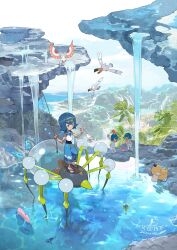 3girls alomomola araquanid beach blue_eyes blue_hair blue_pants cloud corsola dewpider e_volution fishing fishing_rod gen_1_pokemon gen_2_pokemon gen_3_pokemon gen_5_pokemon gen_7_pokemon highres holding holding_fishing_rod lana_(pokemon) luvdisc masquerain multiple_girls nintendo ocean palm_tree pants pokemon pokemon_sm psyduck rock standing swimsuit swimsuit_under_clothes tree water waterfall wingull wishiwashi