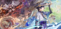 2girls 6+boys absurdres anemo_symbol_(genshin_impact) animalization aqua_hair architecture arm_at_side armor belt bird black_belt black_bodysuit black_bow black_bridal_gauntlets black_hair black_kimono black_mask black_shorts black_sleeves blanco_nagi blue_cape blue_eyes blue_gemstone blue_hat blue_kimono blue_sleeves blunt_ends bodysuit bow bridal_gauntlets brown_hair cape closed_mouth coat crossed_arms doll dottore_(genshin_impact) dragon dress east_asian_architecture eye_mask faceless faceless_female faceless_male fatui_coat feathers finch gem genshin_impact gold green_kimono hair_intakes hair_ornament hakama hakama_shorts half_mask han&#039;eri hand_up hat headscarf highres inazuma_city japanese_armor japanese_clothes jingasa kariginu katsuragi_(genshin_impact) kimono kote kurokote layered_kimono layered_sleeves long_hair long_sleeves looking_to_the_side low-braided_long_hair low-tied_long_hair mask mini_durin_(genshin_impact) multiple_boys multiple_girls nahida_(genshin_impact) niwa_(genshin_impact) off_shoulder open_clothes open_hands open_kimono person_and_animalization pleated_shorts pom_pom_(clothes) purple_hair purple_kimono purple_rope purple_sash purple_veil raiden_shogun red_hat rope sash scaramouche&#039;s_sickly_friend_(genshin_impact) scaramouche_(genshin_impact) scaramouche_(kabukimono)_(genshin_impact) short_sleeves shorts sidelocks small_dragon stuffed_toy tassel tassel_hair_ornament turtleneck turtleneck_bodysuit veil vision_(genshin_impact) wanderer_(genshin_impact) white_coat white_dress white_hair white_kimono white_sleeves white_trim yellow_feathers