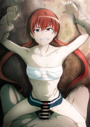 1boy 1girl absurdres bandaged_chest bar_censor blue_skirt breasts censored citydog_oneone clenched_teeth clothed_female_nude_male clothes_lift collarbone commentary_request defeat dirty foreskin grabbing_another&#039;s_arm hetero highres imminent_penetration imminent_rape long_hair male_pubic_hair miniskirt musujime_awaki navel no_panties nude penis pinned pov pov_crotch pov_hands pubic_hair purple_eyes red_hair restrained skirt skirt_lift small_breasts solo_focus spread_legs teeth testicles toaru_majutsu_no_index twintails variant_set veins veiny_penis