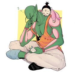 1boy 1girl baby baby_bottle black_hair bottle colored_skin commentary dragon_ball full_body green_skin grey_pants holding holding_bottle orange_tank_top pan_(dragon_ball) pants piccolo pointy_ears short_hair sitting sleeping sleeping_upright slippers symbol-only_commentary tank_top vamos_mk zzz