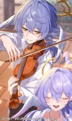 1boy 1girl absurdres alternate_costume blue_hair blurry blurry_background blurry_foreground brother_and_sister closed_eyes face_jewel hair_between_eyes halo head_wings highres holding holding_instrument holding_violin honkai:_star_rail honkai_(series) imasaki_kei instrument jewel_under_eye long_hair looking_at_another music open_mouth playing_instrument robin_(honkai:_star_rail) siblings smile sunday_(honkai:_star_rail) violin wings