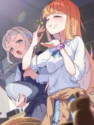Rule 34 | 2girls, :t, absurdres, apron, blue eyes, blue ribbon, blurry, blurry background, blurry foreground, blush, bowl, braid, cardigan, cardigan around waist, closed eyes, clothes around waist, collared shirt, commentary request, eating, food, food on face, frown, furrowed brow, gakuen idolmaster, grey hair, hair ornament, hairclip, hatsuboshi gakuen school uniform, highres, holding, holding bowl, holding whisk, idolmaster, indoors, katsuragi lilja, kitanoneko, lens flare, long hair, looking at another, mixing bowl, multiple girls, neck ribbon, open mouth, orange hair, ribbon, school uniform, scrunchie, shirt, shiun sumika, short hair, sparkle, whisk, white shirt