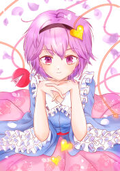 Rule 34 | 1girl, blouse, blue shirt, blush, closed mouth, commentary request, eyeball, fingernails, floral print, frills, hair between eyes, hair ornament, hairband, hands up, head rest, heart, heart hair ornament, hebo, interlocked fingers, komeiji satori, leaning forward, long sleeves, looking at viewer, petals, pink skirt, purple eyes, purple hair, purple petals, shirt, short hair, simple background, skirt, smile, solo, third eye, three-quarter sleeves, touhou, white background, wide sleeves