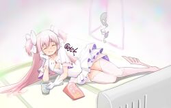Rule 34 | 2girls, a-q (madoka magica), ankle wings, artist name, bag of chips, blush, bow, cleavage cutout, closed eyes, clothing cutout, commentary request, cup, door, dress, eating, gloves, hair bow, highres, juudo ni seiheki kojireta madoka suki, kaname madoka, long hair, lying, mahou shoujo madoka magica, mahou shoujo madoka magica magia exedra, multiple girls, namae (magia exedra), nighthawk (madoka magica), on side, peeking, pink hair, signature, smile, solo focus, starry sky print, television, thighhighs, ultimate madoka, very long hair, watermark, white bow, white dress, white gloves, white thighhighs, wings