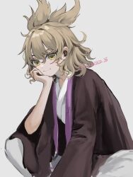 Rule 34 | 1girl, alternate costume, blonde hair, grey background, haori, head rest, highres, japanese clothes, kimono, medium hair, pointy hair, sitting, smile, solo, touhou, toyosatomimi no miko, twitter username, wanya2panic, wireless earphones, yellow eyes