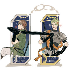Rule 34 | 2boys, achilles (fate), anger vein, blue ribbon, brown hair, cape grab, clothes grab, fate/grand order, fate (series), gauntlets, green hair, green tabard, green tunic, hector (fate), highres, itokon300, looking at another, male focus, multiple boys, open mouth, pants, ribbon, short hair, short sleeves, simple background, star (symbol), tabard, tunic, white background, white pants, yellow eyes