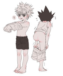 ! 1boy 2boys armpits artist_request ass bare_legs barefoot black_hair blush bottomless clothes_pull feet gon_freecss huge_ass hunter_x_hunter killua_zoldyck legs madhouse male male_focus multiple_boys navel nervous one_leg_raised shirt short_hair shorts shorts_pull shota shounen_jump sleeveless sleeveless_shirt soles spiked_hair sweat tank_top toes tongue tongue_out topless_female trembling underwear underwear_pull undressing yaoi