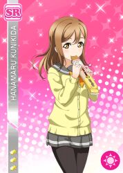 1girl anime_coloring biting black_pantyhose blush bow bowtie bread brown_hair card_(medium) cardigan cowboy_shot diamond_(shape) eating food grey_sailor_collar grey_skirt hands_up holding holding_food kunikida_hanamaru long_hair long_sleeves looking_at_viewer love_live! love_live!_school_idol_festival love_live!_sunshine!! miniskirt noppo_bread official_art pantyhose pink_background pleated_skirt sailor_collar school_uniform skirt smile solo standing star_(symbol) uranohoshi_school_uniform winter_uniform yellow_bow yellow_bowtie yellow_cardigan yellow_eyes
