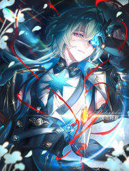 1boy absurdres anaxa_(honkai:_star_rail) aqua_hair black_gloves black_jacket blue_eyes blue_fire cracked_skin fire flaming_eye gloves highres honkai:_star_rail honkai_(series) jacket male_focus medium_hair partially_fingerless_gloves philosophia pink_pupils side_ponytail solo teeth upper_body