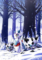 Rule 34 | absurdres, bare tree, blue eyes, colored sclera, commentary request, fish.boy, floating, froslass, gen 3 pokemon, gen 4 pokemon, glalie, hand up, highres, looking at viewer, nintendo, no humans, outdoors, pokemon, pokemon (creature), rock, sky, snow, snowing, teeth, tree, yellow sclera