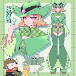 1boy 1girl animal animalization artist_name beard belt bigro bigro_(cosplay) black_eyes black_hair black_jacket blonde_hair boots breasts brown_belt cat chaps character_name cleavage cleavage_cutout clothing_cutout colored_sclera commentary cosplay cowboy_hat cropped_jacket cropped_torso cutoffs denim denim_shorts eyeshadow facial_hair frilled_sleeves frills full_body gingham gingham_leotard gloves green_boots green_chaps green_eyeshadow green_gloves green_hat green_helmet green_jacket green_leotard green_nails green_shorts grid_background gundam hat hat_ornament heart helmet highleg highleg_leotard highres jacket leotard long_sleeves looking_at_another looking_at_viewer makeup mecha medium_breasts mobile_armor mobile_suit_gundam multiple_views nail_polish one-eyed pink_eyes purple_sclera red_eyes robot rx-78-2_gundam scar scar_on_face seductive_smile shira_neri short_hair short_shorts shorts skull_belt skull_hat_ornament sleeves_past_wrists smile standing tokwan translated whiskers yellow_sclera zakrello zeon