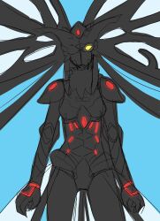Rule 34 | 1girl, armor, breasts, bug, butterfly, butterfly wings, digimon, digimon (creature), gloves, glowing, glowing eyes, highres, hudiemon, insect, insect wings, long hair, looking at viewer, medium breasts, ph6xeivbgpimggg, shadow, shadowlight, shoulder armor, thick thighs, thighhighs, thighs, tinted eyewear, wings, yellow-tinted eyewear