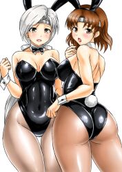2girls animal_ears ass bare_shoulders black_leotard blush bow bowtie breasts brown_eyes brown_hair brown_pantyhose chitose_(kancolle) chiyoda_(kancolle) covered_navel detached_collar fake_animal_ears grey_eyes grey_hair grey_pantyhose hair_ribbon headband kantai_collection kudou_(ooabareteng) large_breasts leotard long_hair looking_at_viewer multiple_girls open_mouth pantyhose playboy_bunny ponytail rabbit_ears rabbit_tail ribbon short_hair siblings sisters smile solo strapless strapless_leotard tail traditional_bowtie wrist_cuffs