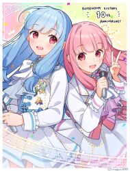 2girls :d anniversary ascot beamed_eighth_notes binchou_maguro blue_ascot blue_hair blush border cowboy_shot cropped_jacket dot_nose hair_tie hand_up highres holding holding_microphone jacket kotonoha_akane kotonoha_aoi long_sleeves looking_at_viewer microphone miniskirt multiple_girls musical_note musical_staff open_mouth pink_ascot pink_hair pleated_skirt red_eyes siblings side-by-side sidelocks sisters skirt sleeve_cuffs smile straight_hair twitter_username v voiceroid white_border white_jacket white_skirt