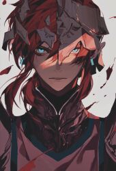 1boy absurdres armor black_shirt blonde_hair blood blood_splatter blue_eyes broken_helmet chinese_commentary commentary_request determined earrings furrowed_brow hair_between_eyes helm helmet highres hoop_earrings jewelry jiyu_(42796185) link long_hair low_ponytail male_focus nintendo parted_lips pointy_ears ponytail shade shirt shorts simple_background solo straight-on tabard the_legend_of_zelda the_legend_of_zelda:_breath_of_the_wild triforce_print turtleneck turtleneck_shirt upper_body white_background white_tabard