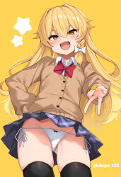 1girl :d arm_behind_back blazer blush bow bowtie braid breasts brown_jacket clothes_lift collared_shirt crotch_seam daichi_(tokoya) from_below hair_between_eyes hair_bow highres hip_focus jacket kirisame_marisa long_hair looking_at_viewer looking_down open_mouth panties red_bow red_bowtie school_uniform shirt side-tie_panties single_braid skindentation skirt skirt_lift small_breasts smile smug solo standing star_(symbol) star_symbol_background teeth thighhighs thighs touhou underwear upper_teeth_only v very_long_hair white_bow white_panties white_shirt wind wind_lift yellow_background yellow_nails