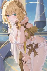 1girl aglaea_(honkai:_star_rail) bare_shoulders blush bracelet breast_tattoo breasts cleavage commentary cowboy_shot dress gaitoou greco-roman_clothes green_eyes hand_on_own_thigh hand_up head_wreath highres honkai:_star_rail honkai_(series) jewelry large_breasts leaning_forward looking_at_viewer multiple_rings nail_polish parted_lips revision ring see-through_clothes see-through_dress short_hair solo tattoo thigh_strap wet wet_clothes wet_dress white_dress yellow_nails