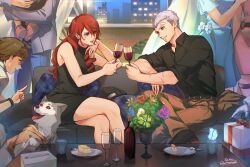 1other 3boys 4girls aigis_(persona) alternate_costume amada_ken android animal aqua_dress bandaid bandaid_on_face bandaid_on_forehead bare_arms bare_legs bare_shoulders beanie belt birthday birthday_cake black_dress black_skirt blue_pants bottle box brown_hair brown_pants bug butterfly cake collared_shirt commentary couch crossed_legs cup denim dog dress drill_hair drinking_glass elbow_rest english_commentary feet_out_of_frame food gift gift_box grey_hair grey_jacket hat indoors insect iori_junpei jacket jeans kirijou_mitsuru koromaru_(persona) light_blush long_hair looking_at_another multiple_boys multiple_girls on_couch out_of_frame pants parted_lips persona persona_3 pink_dress plant potted_plant red_eyes red_hair sanada_akihiko scar scar_on_arm shirt short_hair sitting skirt sleeveless sleeveless_dress smile soc_nau standing takeba_yukari thigh_strap toasting_(gesture) turtleneck turtleneck_dress twitter_username window wine_bottle wine_glass yamagishi_fuuka