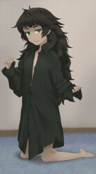 Rule 34 | barefoot, black shirt, collared shirt, cosplay, feet, green eyes, green hair, highres, hiyajou maho, indoors, kneeling, long hair, looking at viewer, menomorute, messy hair, naked shirt, okabe rintarou, okabe rintarou (beta), okabe rintarou (beta) (cosplay), open collar, open cuffs, oversized clothes, partially unbuttoned, shirt, steins;gate, steins;gate 0, thighs, very long hair, wearing another&#039;s clothes