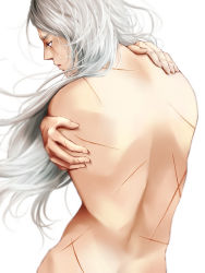 1boy bad_id bad_pixiv_id closed_mouth final_fantasy final_fantasy_vi hiromyan long_hair male_focus scar scar_across_eye scar_on_face setzer_gabbiani silver_hair simple_background solo topless_male white_background