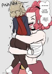 1futa 1girl blonde_hair bottomless breasts clothes dark-skinned_female dark_skin english_text erection futa_with_female futanari grey_background held_up highres interracial large_breasts long_hair multiple_girls nintendo original paizuri penis perpendicular_paizuri pink_hair pokemon pokemon_legends:_arceus ponytail purple_eyes simple_background size_difference speech_bubble testicles umeyiyo zisu_(pokemon)
