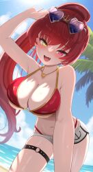 1girl anchor_print beach bikini blue_sky blush breasts cowboy_shot day eyewear_on_head fang gold_trim hashtag-only_commentary heart heart-shaped_eyewear heart_necklace heterochromia highres hololive houshou_marine houshou_marine_(summer) jewelry large_breasts leaning_forward long_hair looking_at_viewer navel necklace o-ring o-ring_thigh_strap ocean omio outdoors pink_eyes ponytail red_bikini red_hair skin_fang sky smile solo sunglasses swimsuit thigh_strap virtual_youtuber yellow_eyes