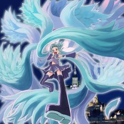 1girl aqua_eyes aqua_hair bad_id bad_pixiv_id female_focus flying hair_ribbon hair_wings hatsune_miku kansou_samehada long_hair mont_st-michel multiple_wings necktie open_mouth ribbon seraph skirt smile solo thighhighs twintails very_long_hair vocaloid wings zettai_ryouiki