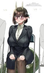 1girl absurdres biscione_(fate) biscione_(first_ascension)_(fate) blush breasts brown_hair chair dragon_girl dragon_tail fate/grand_order fate_(series) glasses highres horns large_breasts long_sleeves red_eyes short_hair sitting solo_focus tail yayoi_maka
