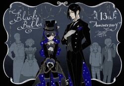 1girl 5boys anniversary arm_behind_back bardroy black_coat black_hair black_hat black_necktie black_pants black_vest blue_eyes blue_hair boots border bow bowtie butler ciel_phantomhive closed_mouth coat coattails collared_shirt copyright_name eyepatch finnian frilled_sleeves frills gloves hand_on_own_chest hat highres kuroshitsuji light_smile looking_at_viewer maid meirin_(kuroshitsuji) multiple_boys necktie official_art ouji_fashion pants red_eyes sebastian_michaelis shirt short_hair snake_(kuroshitsuji) starry_sky_print tailcoat thigh_boots toboso_yana veil vest white_gloves white_shirt