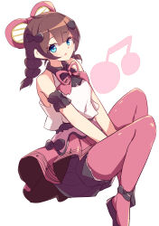 Rule 34 | 1girl, absurdres, ankle cuffs, arm scrunchie, black scrunchie, black shoes, blue eyes, blush, braid, breasts, brown hair, commentary request, dosolfachord cutia, double-parted bangs, duel monster, fortissimo, hair ornament, hands on lap, highres, kanzakietc, long hair, looking at viewer, medium breasts, musical note, musical note hair ornament, open mouth, pantyhose, pink pantyhose, pleated skirt, scrunchie, shirt, shoes, skirt, sleeveless, sleeveless shirt, solo, white background, white shirt, yu-gi-oh!