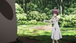 1boy 1girl animal_ears animated animated_gif mismatched_irises cat_ears dog_ears dress gleipnir_(series) holster kagaya_shuichi mascot_costume mask outdoors panties pink_hair sharp_teeth stitches suspenders teeth underwear undressing white_dress yoshioka_chihiro