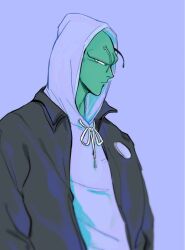 1boy antennae black_jacket closed_mouth colored_skin dragon_ball drawstring green_skin grey_background highres hood hood_up jacket long_sleeves looking_at_viewer male_focus narrowed_eyes piccolo solo unamused upper_body vamos_mk