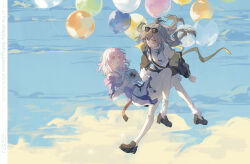 2girls absurdres balloon belt black_jacket black_shoes blue_eyes blue_jacket blue_skirt camera chinese_commentary commentary_request dated dress english_text eyewear_on_head flower_ornament full_body gradient_clothes gradient_jacket grey_hair highres holding holding_camera honkai:_star_rail honkai_(series) jacket layered_skirt loafers looking_at_another march_7th_(feast)_(honkai:_star_rail) march_7th_(honkai:_star_rail) medium_hair miniskirt multicolored_eyes multiple_girls official_alternate_costume pink_belt pink_eyes pink_hair pink_jacket pink_skirt qingxinguayu. shirt shoes skirt sleeveless smile socks stelle_(honkai:_star_rail) stelle_(world_tour_2023)_(honkai:_star_rail) sunglasses thigh_strap trailblazer_(honkai:_star_rail) turtleneck turtleneck_shirt two-sided_fabric two-sided_jacket two-tone_eyes variant_set white_dress white_socks yellow_eyes yellow_jacket