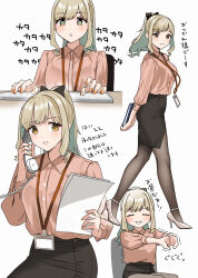arms_behind_back black_bow black_pantyhose black_skirt blonde_hair blush bow bra chair computer_keyboard corded_phone desk doushimasho formal_clothes hair_bow high-waist_skirt high_heels highres holding holding_paper holding_phone id_card lanyard nail_polish office_chair office_lady open_mouth orange_eyes orange_nails original pantyhose paper pencil_skirt phone pink_shirt polished_shoes sawamoto_mikan shirt shoes sitting skirt standing stretching swivel_chair typing underwear white_background white_shoes