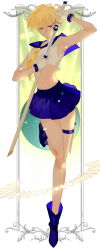 1girl alternate_costume bishoujo_senshi_sailor_moon blonde_hair blue_eyes blue_footwear blue_sailor_collar blue_skirt boots crop_top crop_top_overhang female_focus frilled_thigh_strap full_body gloves highres joseph_lee magical_girl midriff navel pleated_skirt sailor_collar sailor_uranus shoes short_hair skirt solo sword ten&#039;ou_haruka thigh_strap uranus_symbol weapon yellow_background