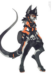 1other absurdres animal_ears animal_hands bag black_bodysuit black_hair black_pants black_tail bodysuit digitigrade fangs full_body furry gas_mask gloves highres keroreud mask orange_bodysuit orange_visor original other_focus pants ponytail simple_background slit_pupils solo tail white_background