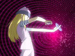 blonde_hair digimon digimon_frontier digivice green_eyes hat henshin henshin_pose jacket long_hair orimoto_izumi screencap spirit_evolution toei_animation