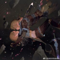 1boy 1girl akihare braid champion&#039;s_tunic_(zelda) crown_braid earrings falling fingerless_gloves gauntlets gloves highres hug jewelry light_brown_hair link nintendo pointy_ears princess_zelda tears the_legend_of_zelda the_legend_of_zelda:_tears_of_the_kingdom