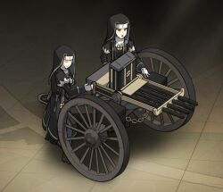 2girls ammunition_box asterisk_kome chain closed_eyes crank gloves gun habit heroes_of_order holding holding_gun holding_weapon jewelry knife machine_gun multiple_girls necklace nun scabbard sheath stone_floor weapon wheel white_gloves