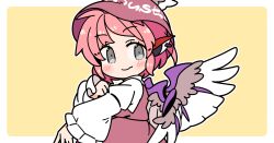1girl animal_ears bird_ears bird_wings blush border brown_dress brown_hat closed_mouth commentary cowboy_shot dress earrings fang fang_out frilled_sleeves frills grey_eyes hand_up hat ini_(inunabe00) jewelry long_sleeves looking_at_viewer mystia_lorelei outline outside_border pink_hair shirt short_hair simple_background single_earring skin_fang sleeve_garter smile solo touhou white_border white_outline white_shirt winged_hat wings yellow_background